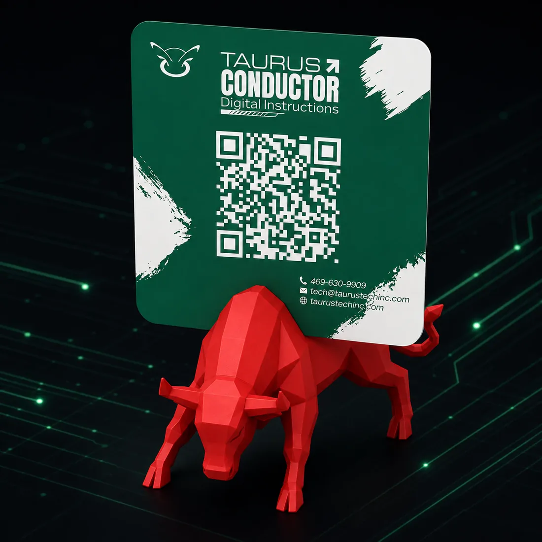 Taurus Conductor QR code placard for conference room digital instructions, mounted on a red low-poly bull stand