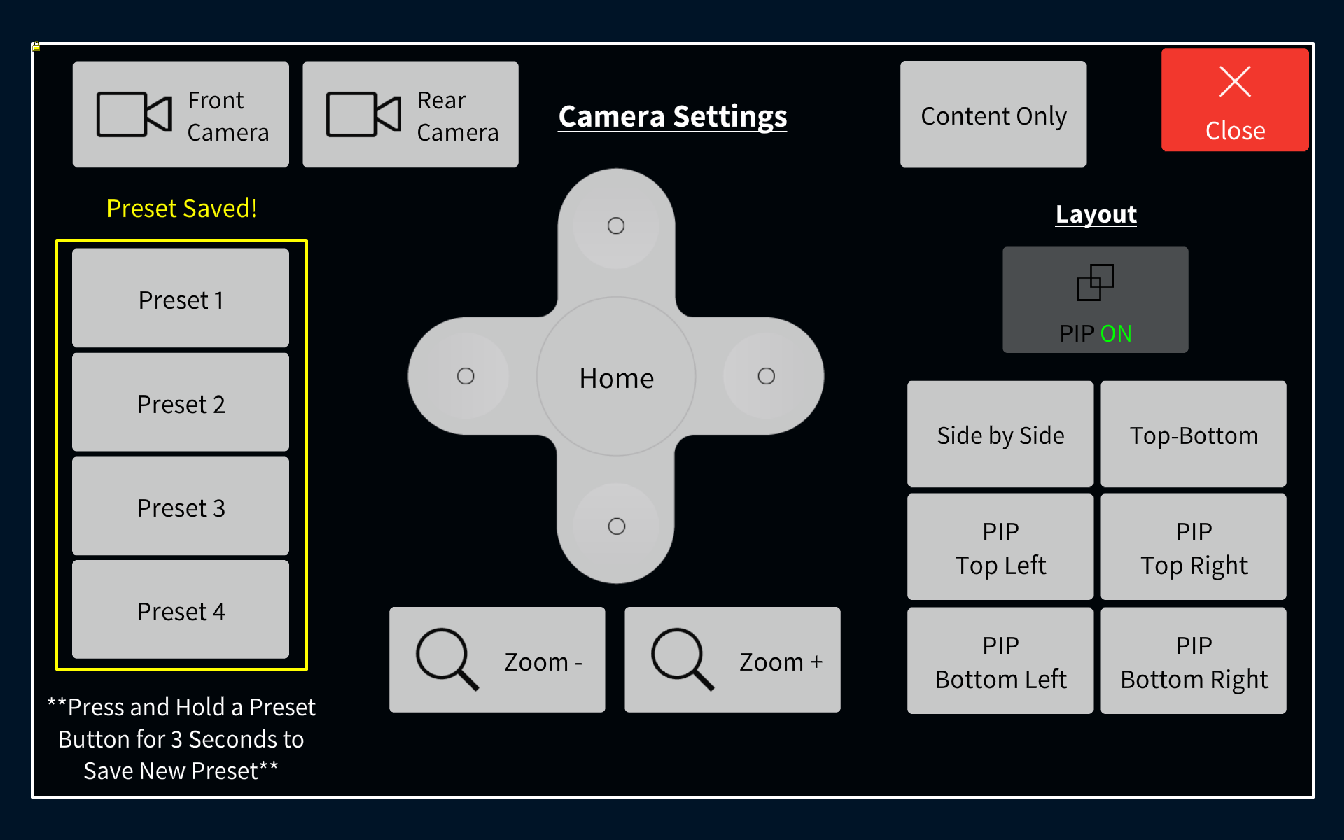 Camera settings popup