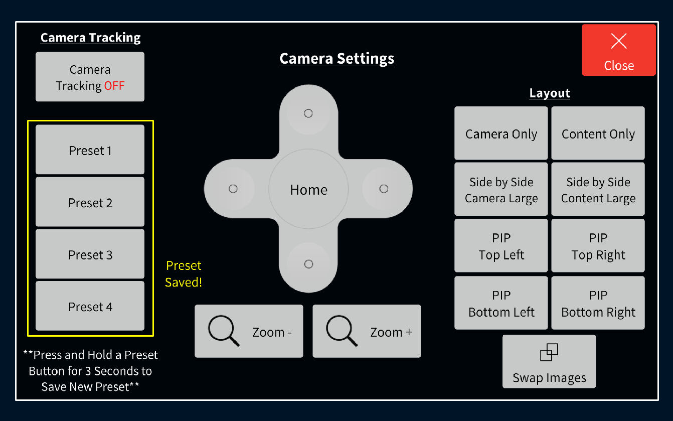 Camera settings popup