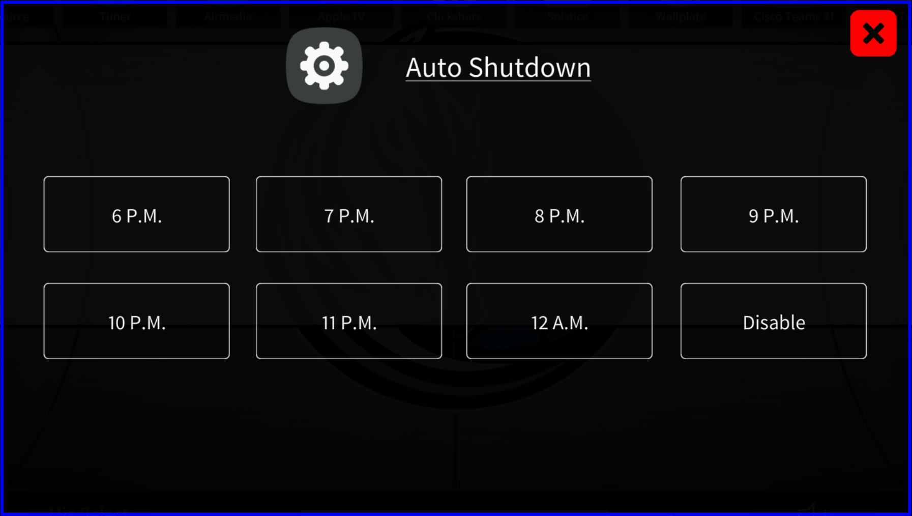 Admin auto-shutdown settings popup