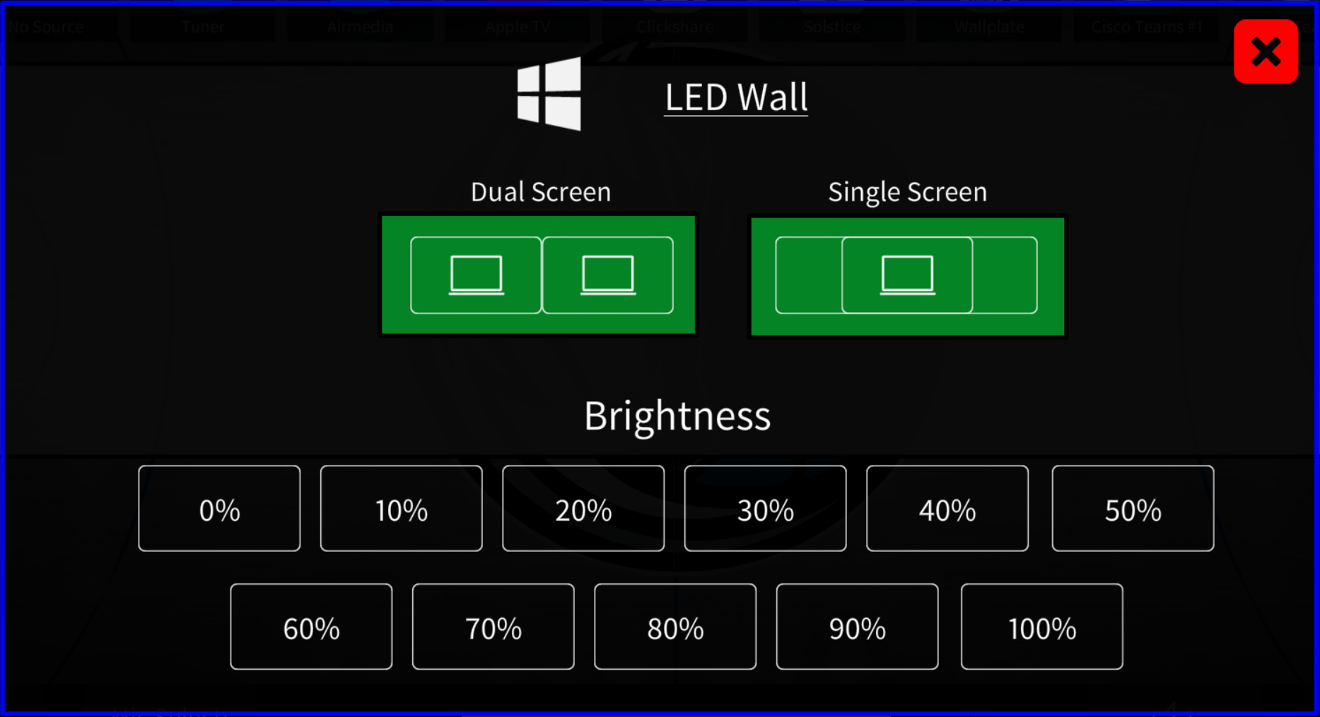 LED Wall settings popup with single/dual mode and brightness