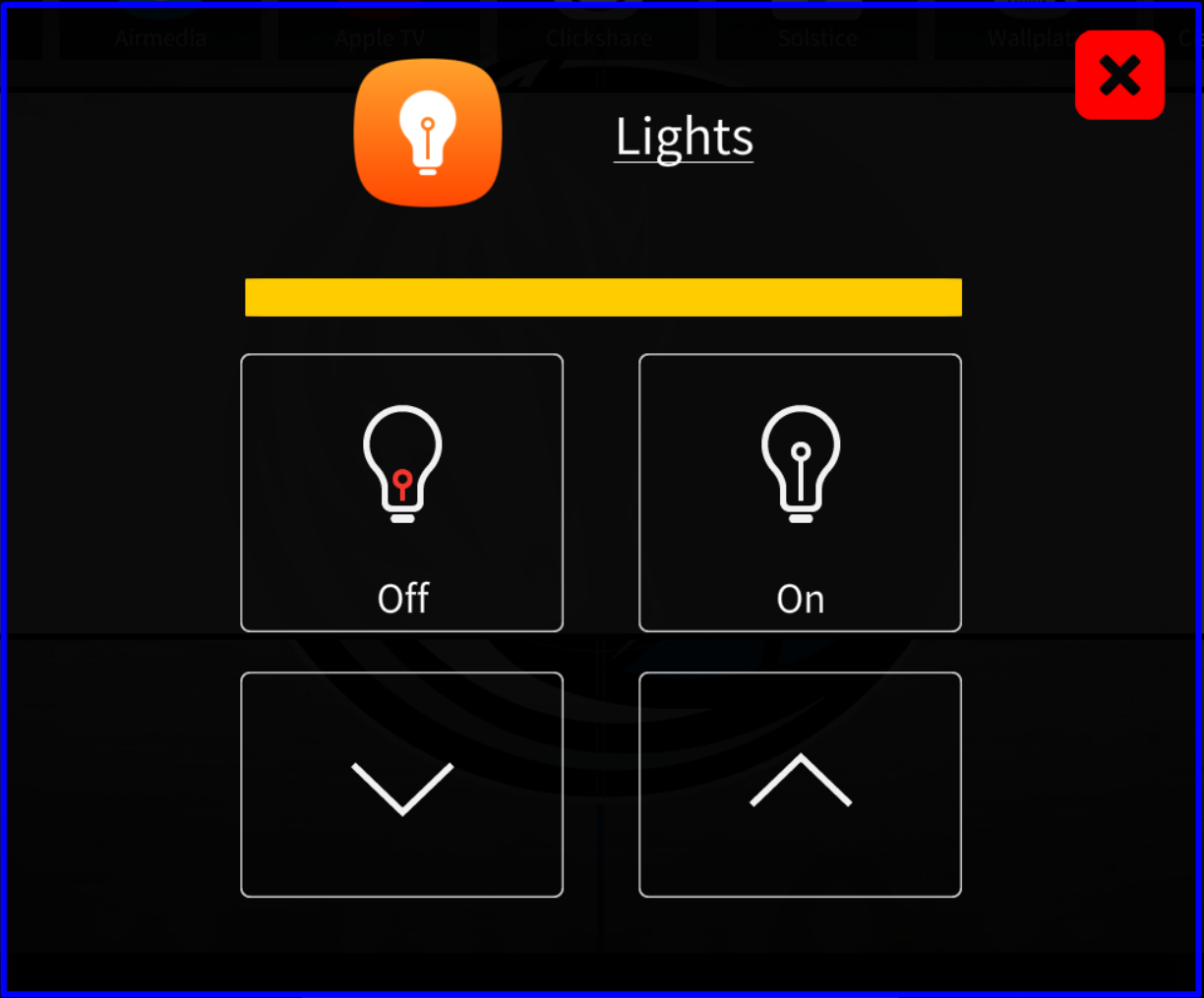 Lights popup with on/off and dim controls
