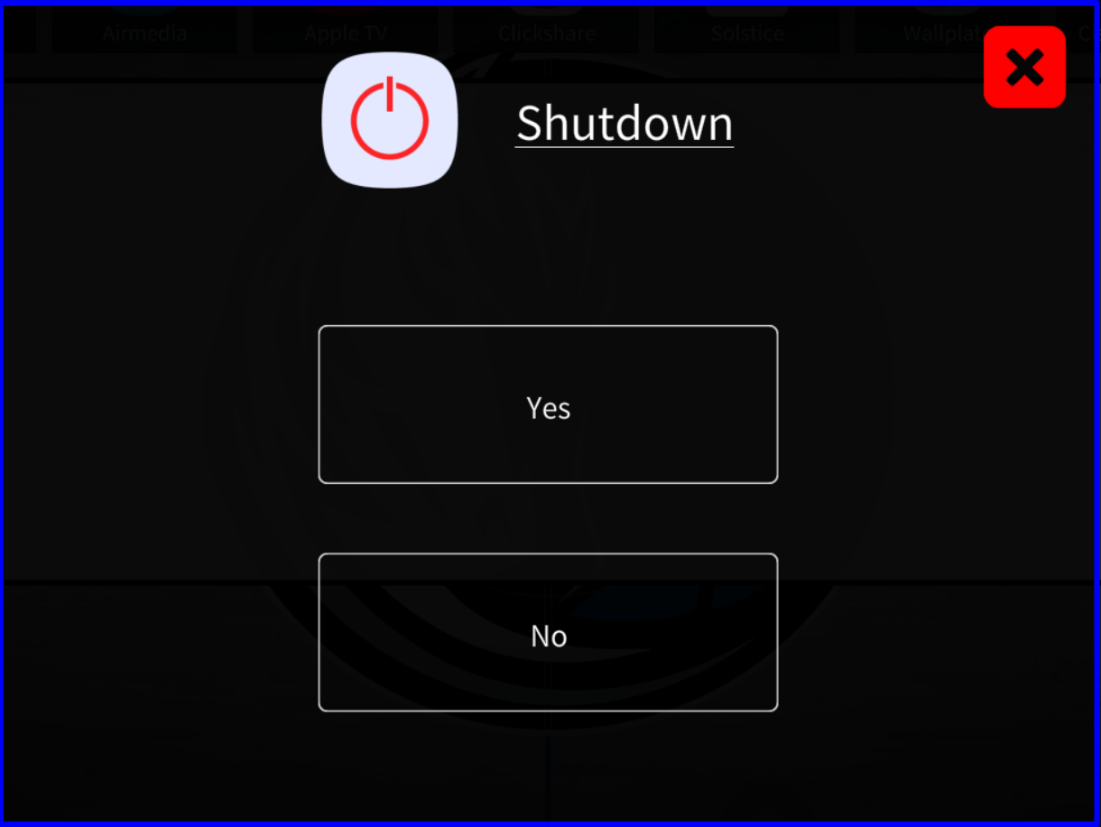 Shutdown confirmation popup with Yes / No buttons