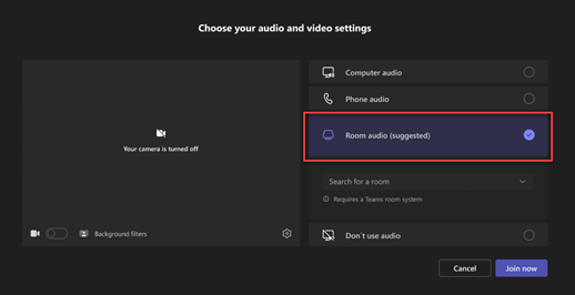 Teams pre-join screen with Room audio selected